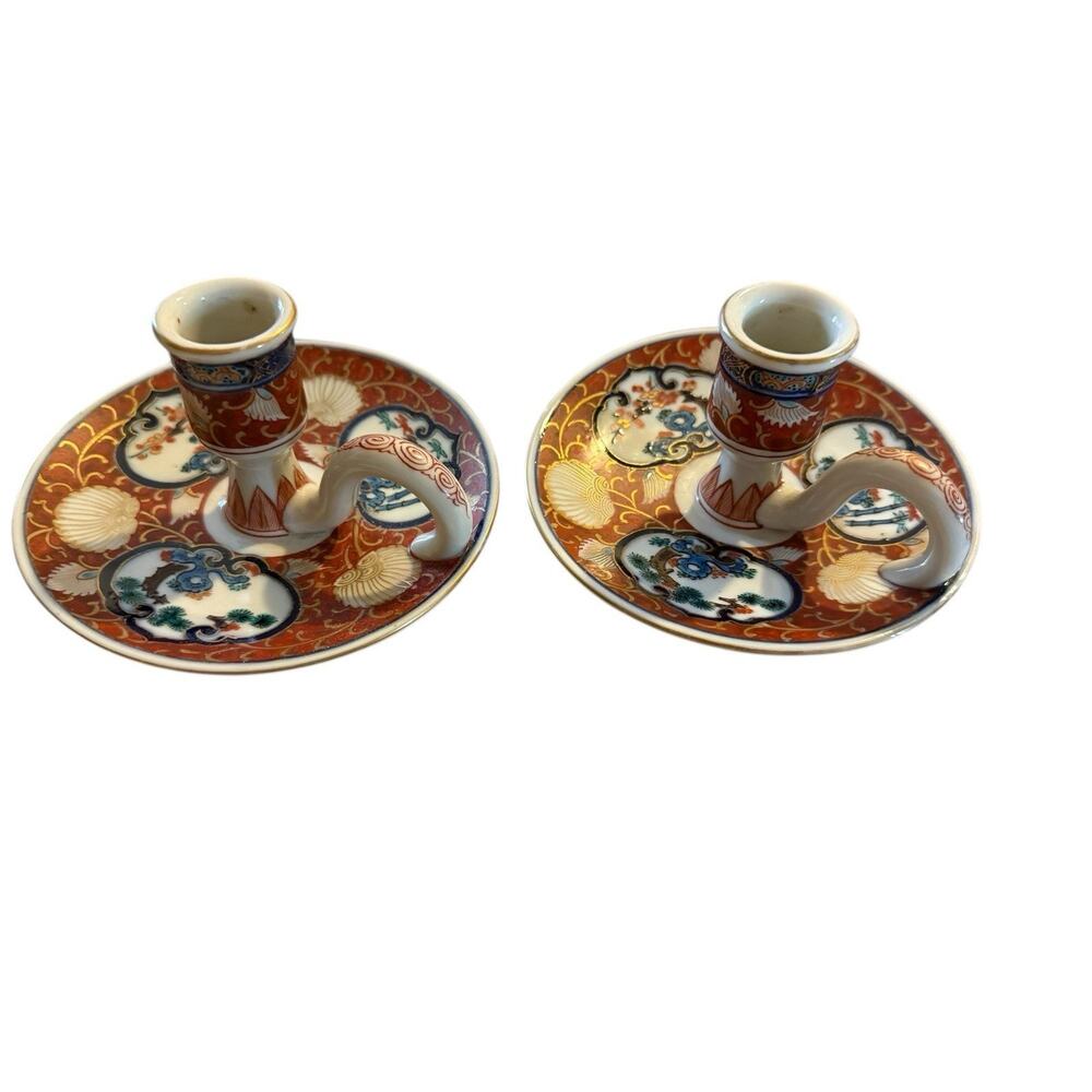 Pair Of Vintage Asian Japanese Imari candle holders And Attached Under plates